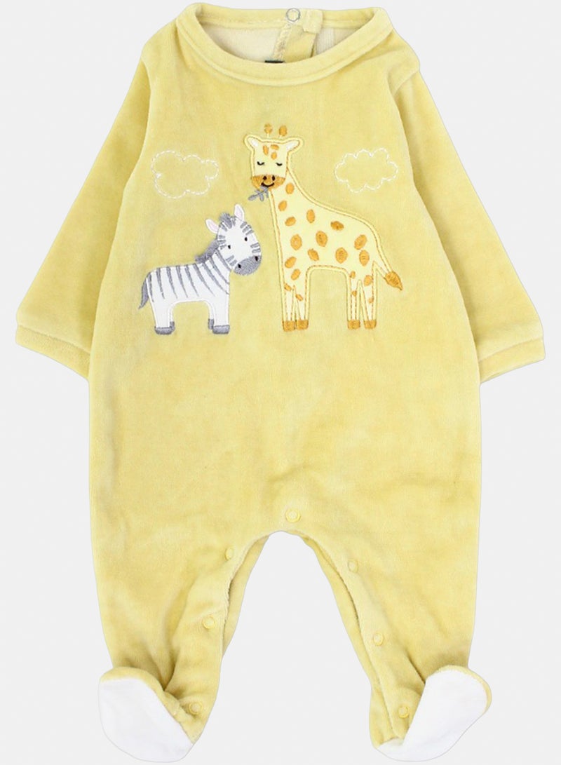 أفرول بيبي بناتي قطيفة – أصفر – تطريز Giraffe & Zebra
