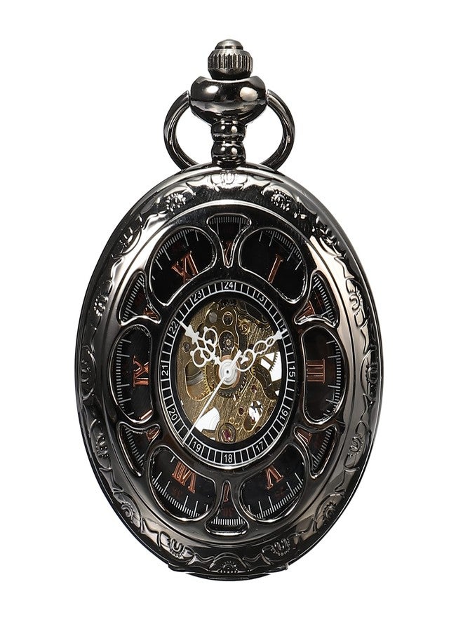 ShoppeWatch Pocket Watch with Chain Black Dial Steampunk Mechanical Hand Wind Up Movement Cosplay PW-19 - Image 1