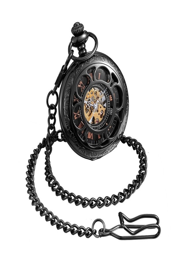 ShoppeWatch Pocket Watch with Chain Black Dial Steampunk Mechanical Hand Wind Up Movement Cosplay PW-19 - Image 4