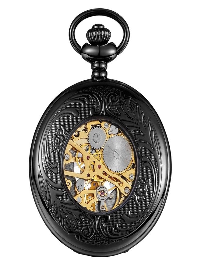 ShoppeWatch Pocket Watch with Chain Black Dial Steampunk Mechanical Hand Wind Up Movement Cosplay PW-19 - Image 3
