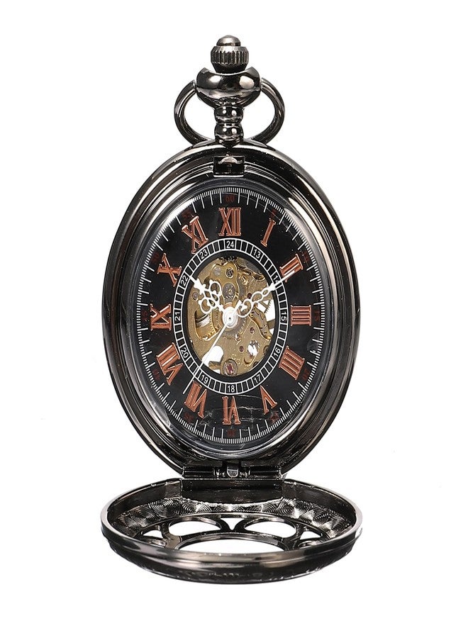 ShoppeWatch Pocket Watch with Chain Black Dial Steampunk Mechanical Hand Wind Up Movement Cosplay PW-19 - Image 2