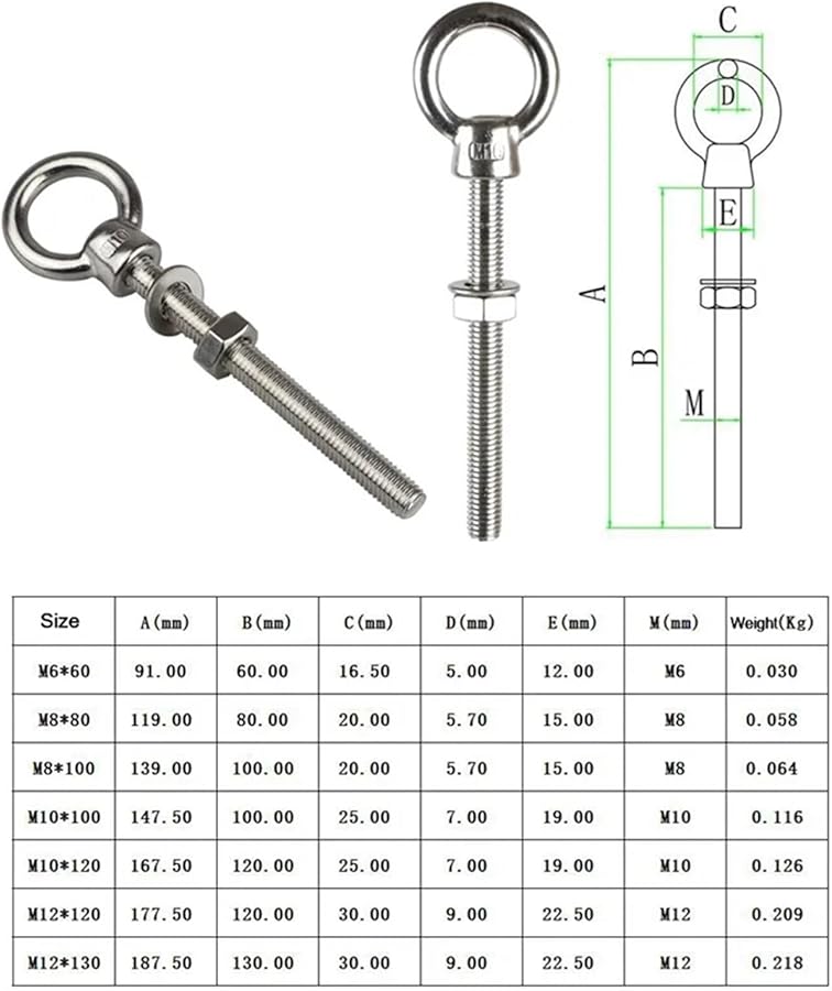 M10X100 316 Stainless Steel Eye Bolt with Nut for Hanging Plants Wall Kitchen 6PCS - Image 3