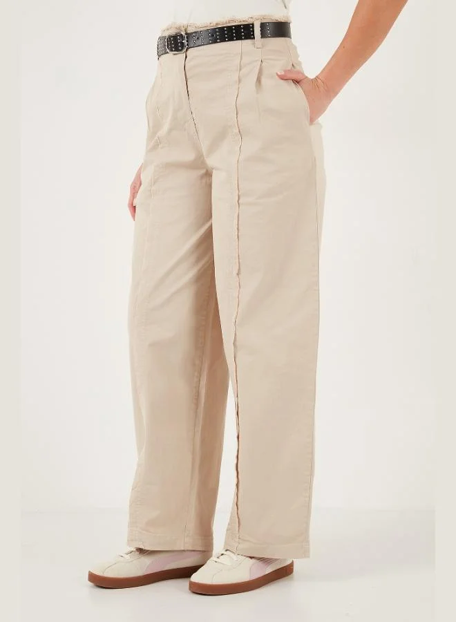 ليلا بنطلون نسائي واسع الساق قطني بتفاصيل خياطة وحزام من ليلا