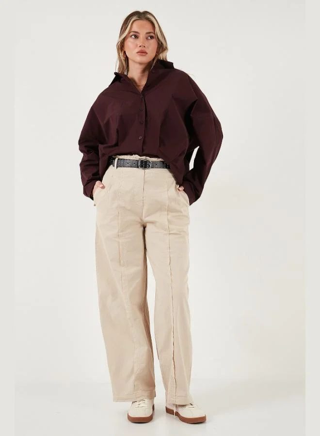 ليلا بنطلون نسائي واسع الساق قطني بتفاصيل خياطة وحزام من ليلا