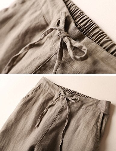 IXIMO Women's Tapered Pants 100% Linen Drawstring Back Elastic Waist Pants Trousers with Pockets Dark Khaki Large - Image 3