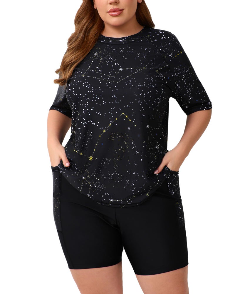 Halcurt Women Plus Size Rash Guard Set Short Sleeve Built in Bra Swimsuit Two Piece Bathing Suit Shirt and Shorts Black Galaxy 1X - Image 1