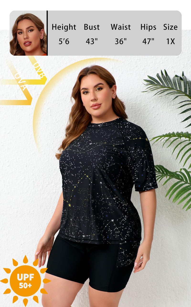 Halcurt Women Plus Size Rash Guard Set Short Sleeve Built in Bra Swimsuit Two Piece Bathing Suit Shirt and Shorts Black Galaxy 1X - Image 4