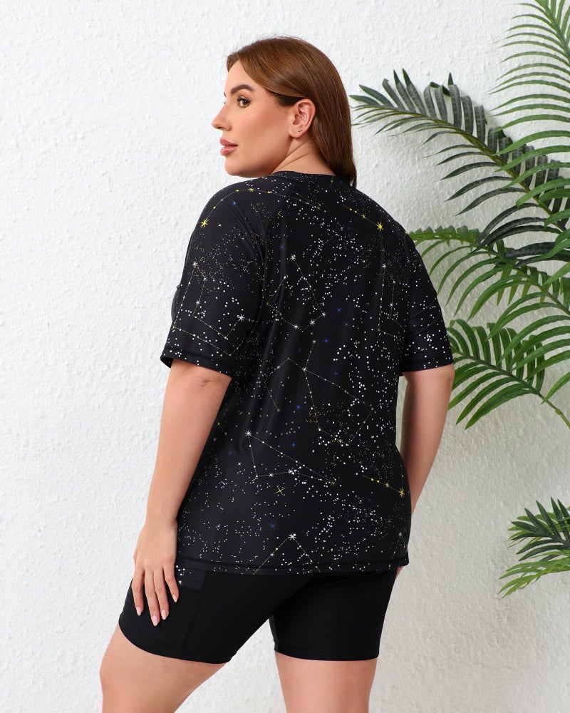 Halcurt Women Plus Size Rash Guard Set Short Sleeve Built in Bra Swimsuit Two Piece Bathing Suit Shirt and Shorts Black Galaxy 1X - Image 2