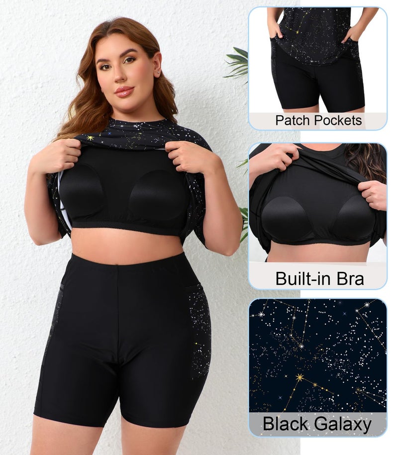 Halcurt Women Plus Size Rash Guard Set Short Sleeve Built in Bra Swimsuit Two Piece Bathing Suit Shirt and Shorts Black Galaxy 1X - Image 5
