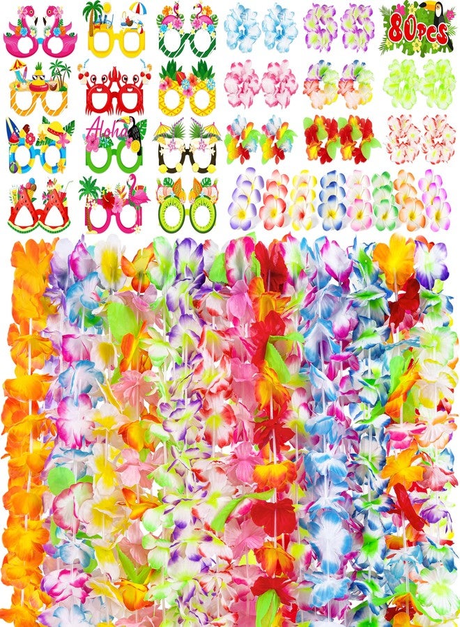 Moon Boat 80PCS Hawaiian Luau Leis Party Photo Booth Props Decorations Supplies Set: Tropical Tiki Flowers Necklaces + Paper Glasses + Bracelets + Hair Clips Bulk Summer Pool Birthday Decor Favors - Image 1