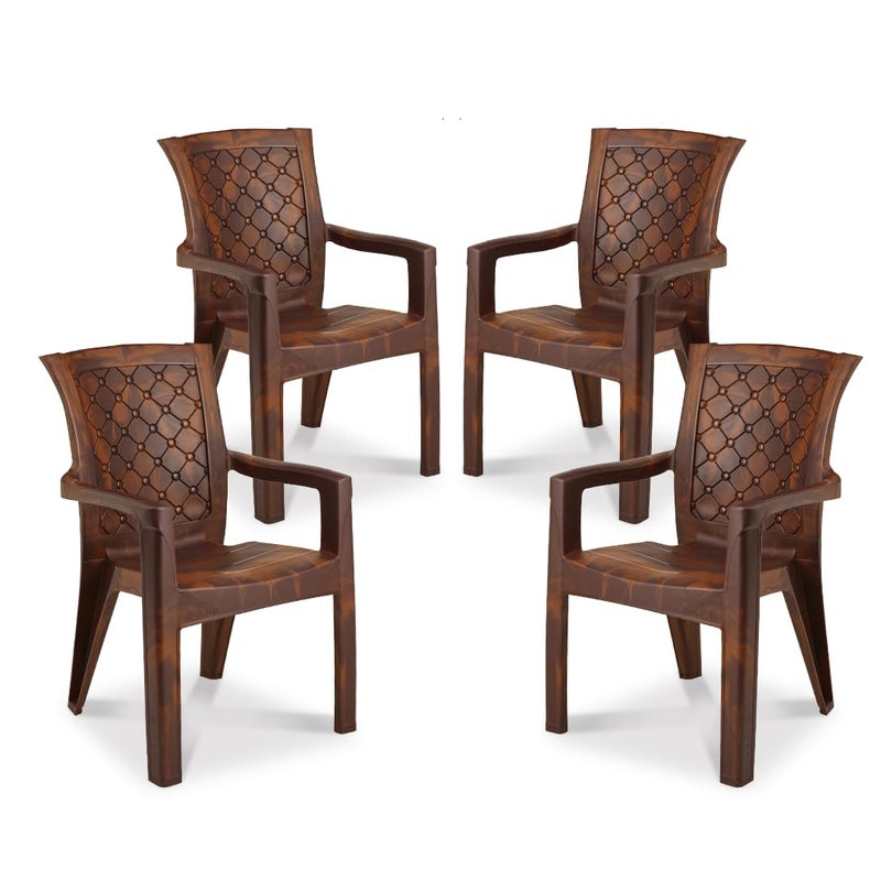 MAHARAJA Plastic Chair Set of 4 Chair for Home Living Room Bearing Capacity Upto 200Kg Matte Finish Strong and Sturdy Structure Plastic Chair with Arm Rest PreAssembled Brown - Image 1