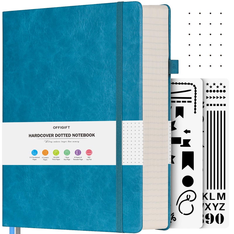 OFFIGIFT Dotted Journal Notebook, B5 Hardcover Bullet Notebook, 312 Numbered Pages Leather Notebook, 100gsm No Bleed Paper Dot Grid Notebook with Index Pages for Women Men, 7.6'' X 10'', Blue - Image 1