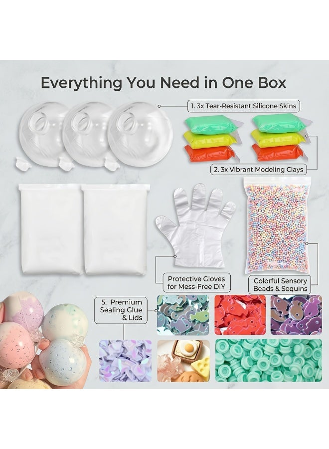DW Milk White Empty Stress Ball DIY Kit, Empty Stress Ball DIY Set, Vacuum Squishy Stress Ball Making Kit with Empty Base, Lid, Glue, and 12 Colors of Clay - Image 1