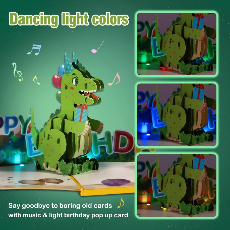 FaCraft Dinosaur Musical Birthday Cards for Kids - Music & Light 3D T-Rex Handmade Pop Up Birthday Cards with Envelope, Blank Insert, Gift for Boys Girls Son Grandson Toddler Nephew 1 2 3 4 5 Year Old - Image 2