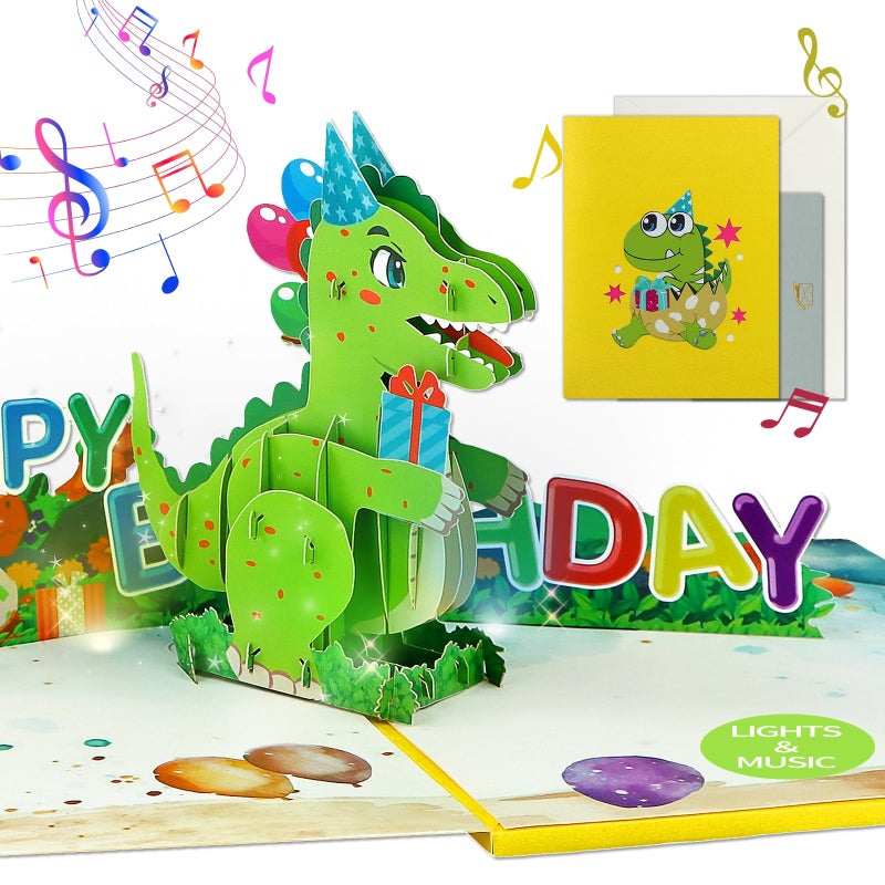 FaCraft Dinosaur Musical Birthday Cards for Kids - Music & Light 3D T-Rex Handmade Pop Up Birthday Cards with Envelope, Blank Insert, Gift for Boys Girls Son Grandson Toddler Nephew 1 2 3 4 5 Year Old - Image 1