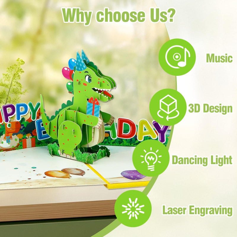 FaCraft Dinosaur Musical Birthday Cards for Kids - Music & Light 3D T-Rex Handmade Pop Up Birthday Cards with Envelope, Blank Insert, Gift for Boys Girls Son Grandson Toddler Nephew 1 2 3 4 5 Year Old - Image 3