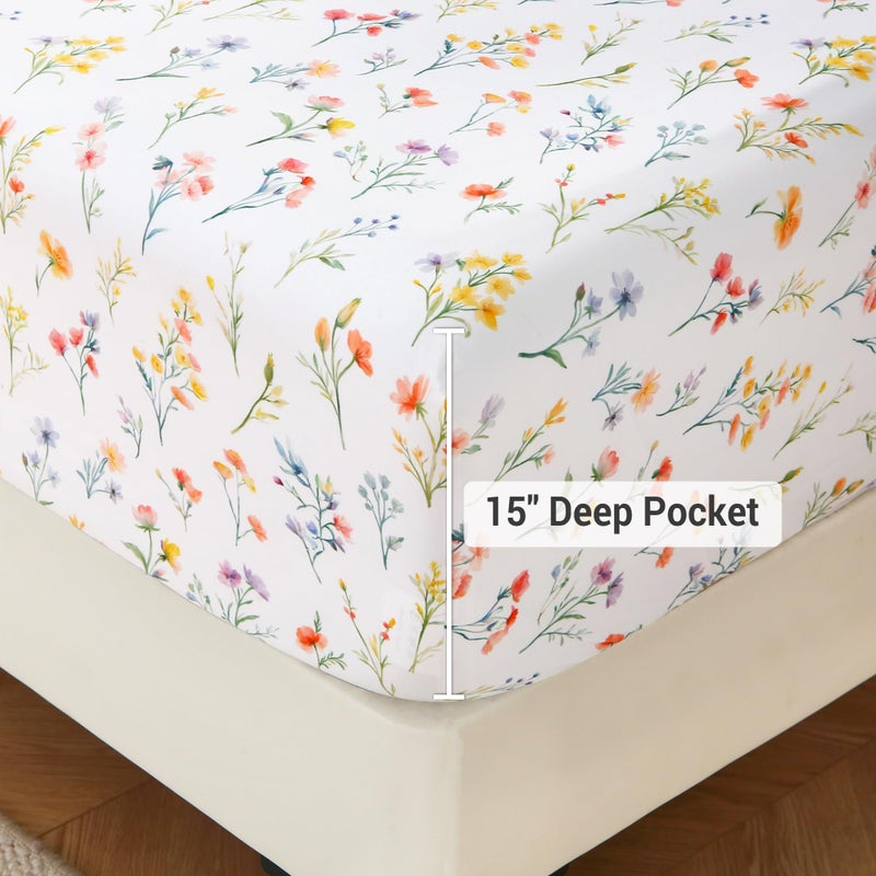 Viviland Floral King Sheet Set - 4 Piece Vintage Botanical Flower and Leaves Patterned Bed Sheets - Soft, Breathable Microfiber Sheets with Deep Pocket, Non-Slip Fitted Sheets & Pillowcases - Image 3
