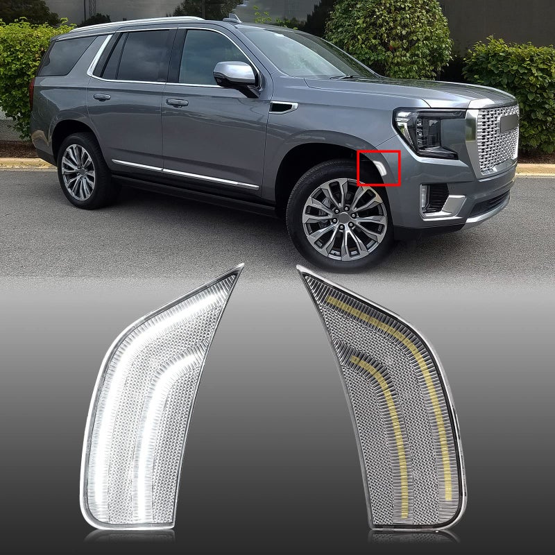 استبدال مصباح علامة جانبية LED عديم اللون لمركبة Mynoway لعام 2021-2024 يوكون يوكون دينالي يوكون XLTاهو إسكاليد سوبربان إسكاليد ESV لمصابيح علامة السائق والراكب البيضاء لمصباح الفندر الأمامي