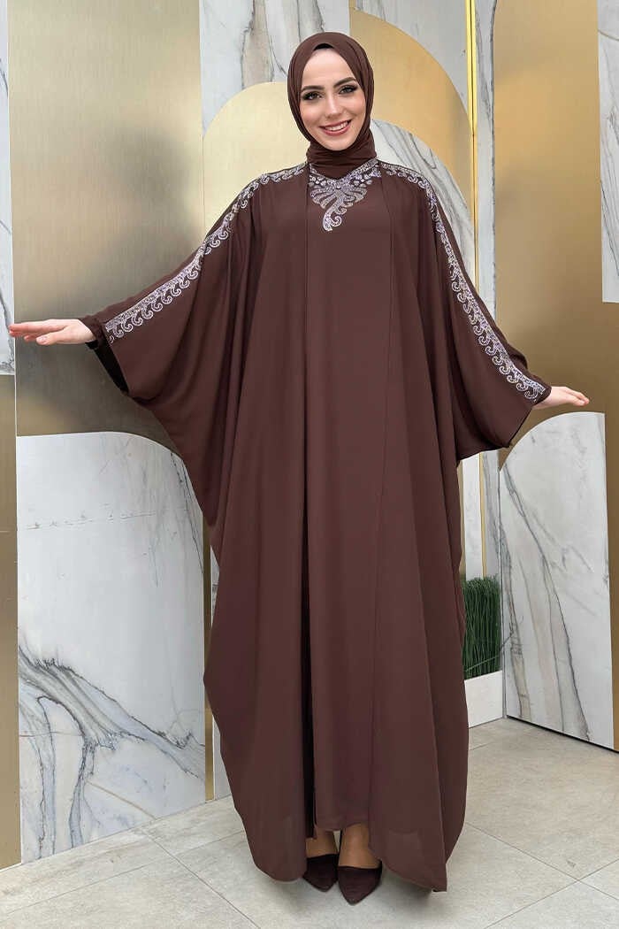 Bym Fashion Stone Embroidered Dress Abaya Suit 8499 Brown  - Image 1