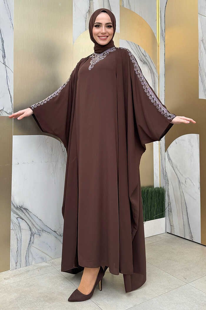Bym Fashion Stone Embroidered Dress Abaya Suit 8499 Brown  - Image 3