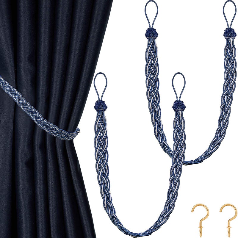Blulu 2 Pieces Braided Curtain Tiebacks Rope Belt Curtain Ties and 2 Pieces Hooks Metal Curtain Tieback Hooks for Window Curtain Accessories Navy Blue and Silver 