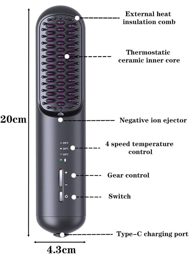 Portable Cordless Hair Straightener Brush, Mini Straightening Brush for Travel, Ionic Hot Comb Straightener for Women, Lightweight to Carry Out, USB Rechargeable, Anti-Scald