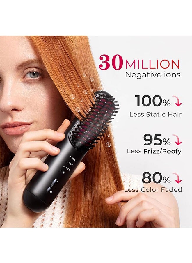 Portable Cordless Hair Straightener Brush, Mini Straightening Brush for Travel, Ionic Hot Comb Straightener for Women, Lightweight to Carry Out, USB Rechargeable, Anti-Scald
