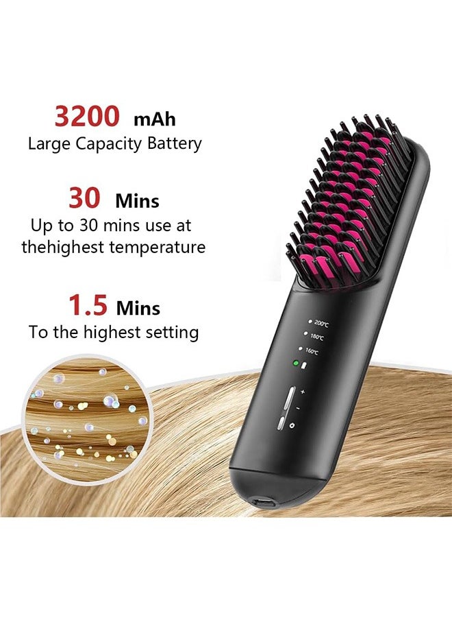 Portable Cordless Hair Straightener Brush, Mini Straightening Brush for Travel, Ionic Hot Comb Straightener for Women, Lightweight to Carry Out, USB Rechargeable, Anti-Scald