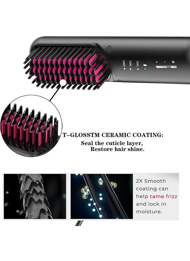 Portable Cordless Hair Straightener Brush, Mini Straightening Brush for Travel, Ionic Hot Comb Straightener for Women, Lightweight to Carry Out, USB Rechargeable, Anti-Scald