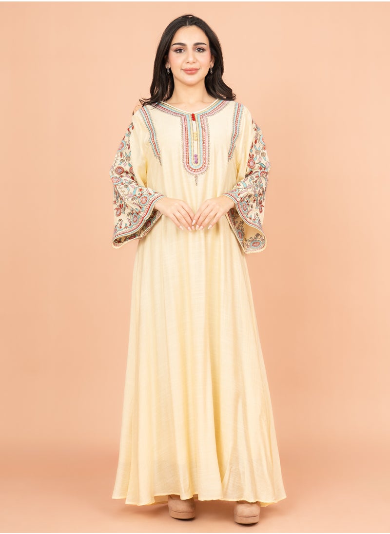 اكسا جلابية مطرزة باليد عنق اسيوي IK4004 اصفر  - Image 1