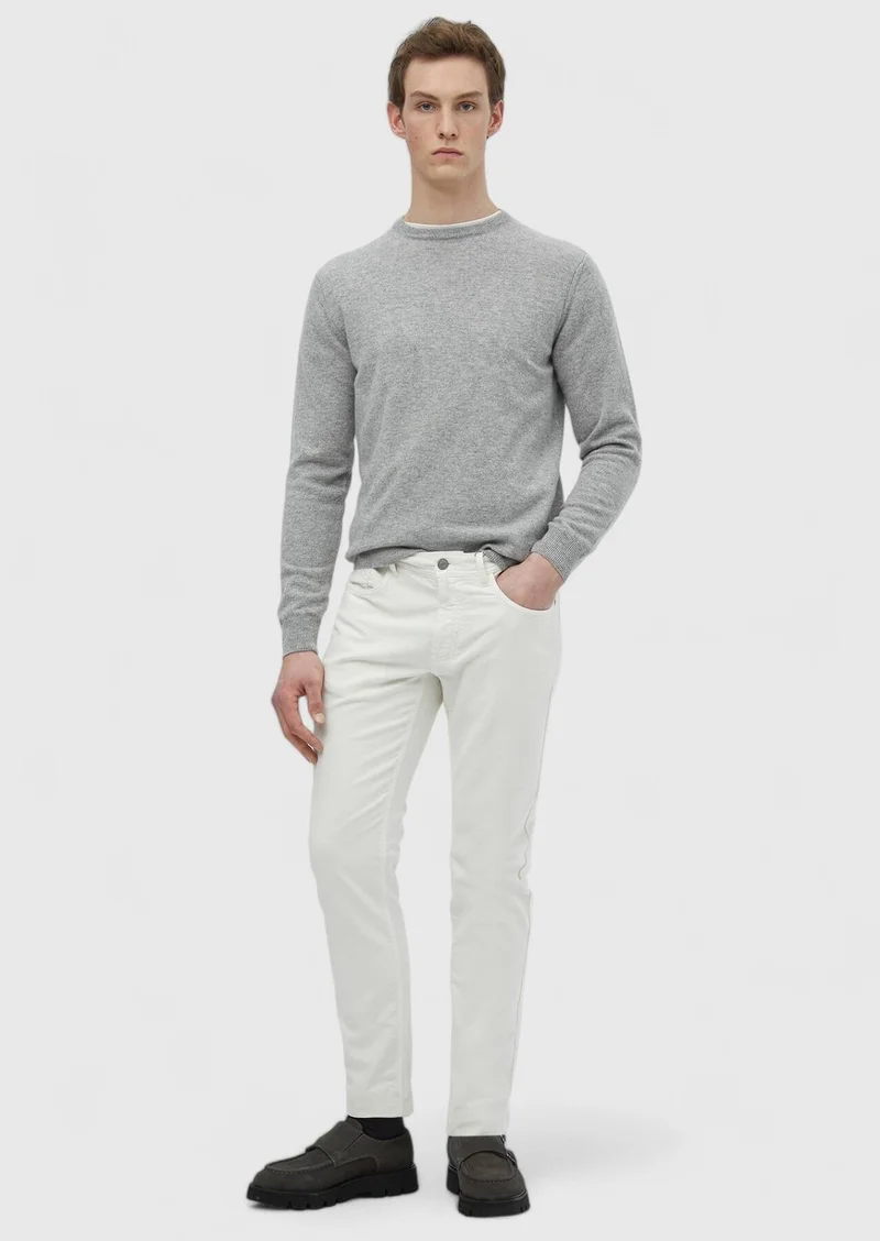 RAMSEY Ecru Weaving Slim Fit Casual Cotton Blended Trousers