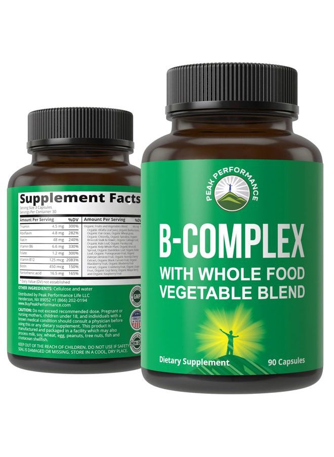 Peak Performance Vitamin B Complex Capsules + Whole Food Blend of 25 Vegetables and Fruits for Max Absorption. Best Vegan B-Complex Supplement with Vitamin B1, B2, B3, B5, B6, B7, B9 and B12. 90 Capsules. Energy Boost  - Image 1