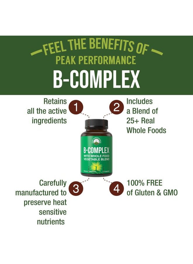 Peak Performance Vitamin B Complex Capsules + Whole Food Blend of 25 Vegetables and Fruits for Max Absorption. Best Vegan B-Complex Supplement with Vitamin B1, B2, B3, B5, B6, B7, B9 and B12. 90 Capsules. Energy Boost  - Image 2