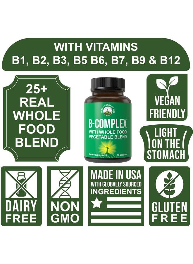 Peak Performance Vitamin B Complex Capsules + Whole Food Blend of 25 Vegetables and Fruits for Max Absorption. Best Vegan B-Complex Supplement with Vitamin B1, B2, B3, B5, B6, B7, B9 and B12. 90 Capsules. Energy Boost  - Image 3