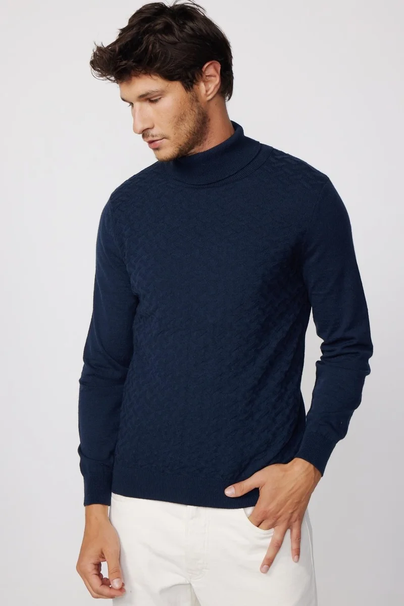 Tudors Full Turtleneck Front Patterned Navy Blue Men's Sweater