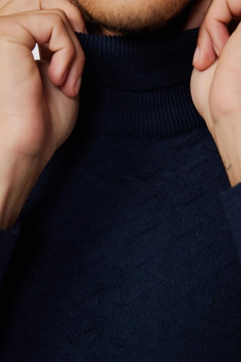 Tudors Full Turtleneck Front Patterned Navy Blue Men's Sweater