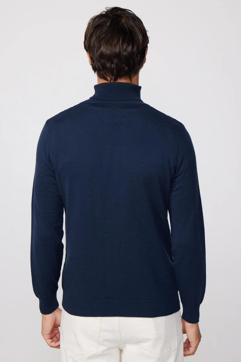 Tudors Full Turtleneck Front Patterned Navy Blue Men's Sweater