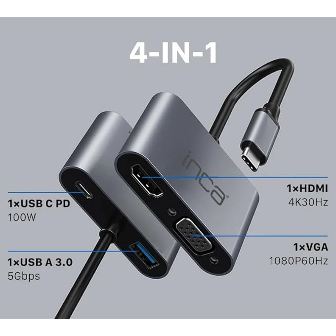 Inca 4 IN 1 USB C TO HDMI VGA ADAPTER ITPC-06TX, 4K@30HZ HDMI WITH PD 100W CHARGING PORT, USB 3.0 TYPE C MULTIPORT FOR MACBOOK, DELL, HDTV, CHROMEBOOK - Image 2