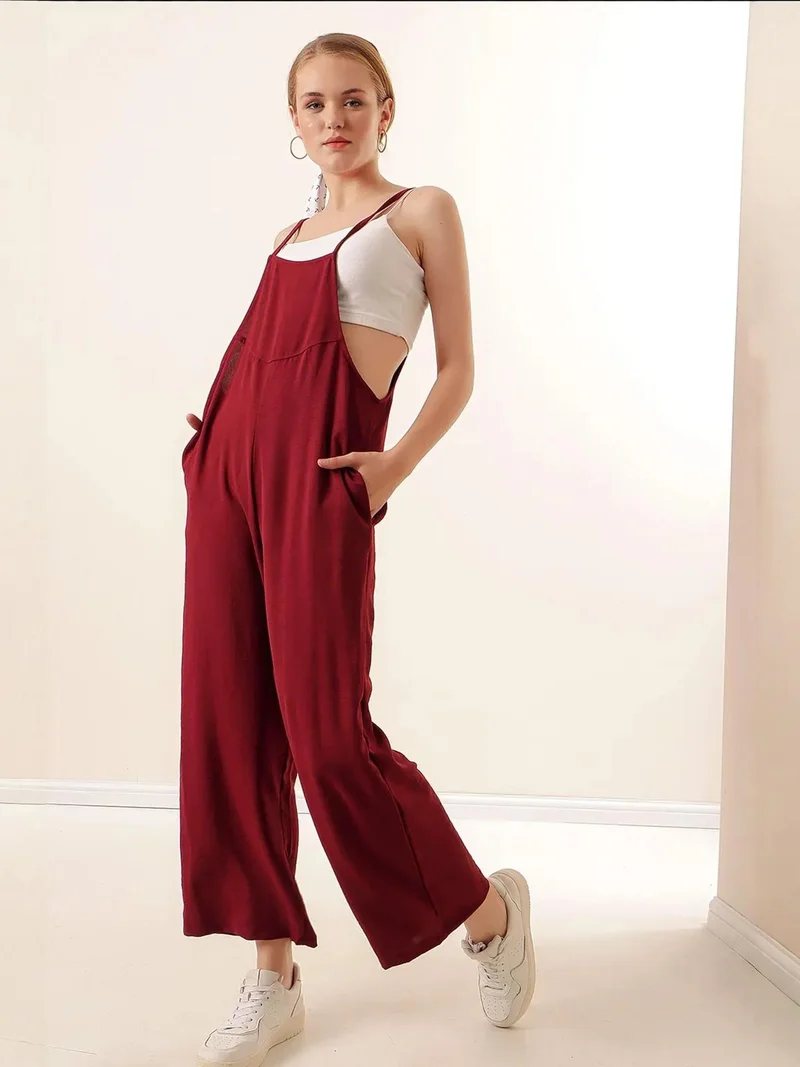 BIG DART Burgundy Red BDART Relaxed Fit Wide Leg Jumpsuit with Square Collar for Women | Best Price UAE