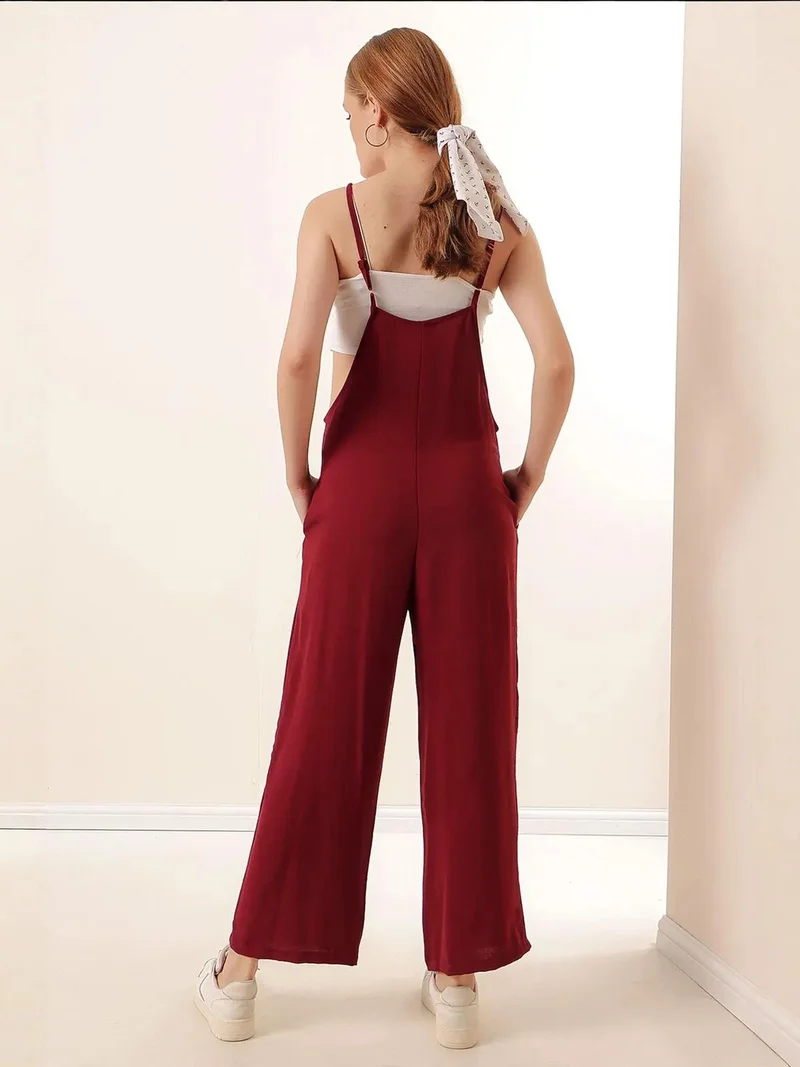 BIG DART Burgundy Red BDART Relaxed Fit Wide Leg Jumpsuit with Square Collar for Women | Best Price UAE