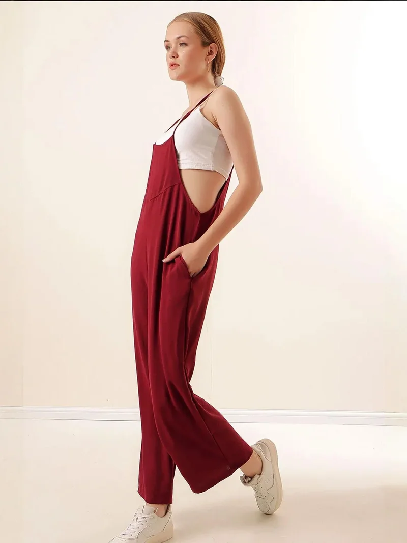 BIG DART Burgundy Red BDART Relaxed Fit Wide Leg Jumpsuit with Square Collar for Women | Best Price UAE