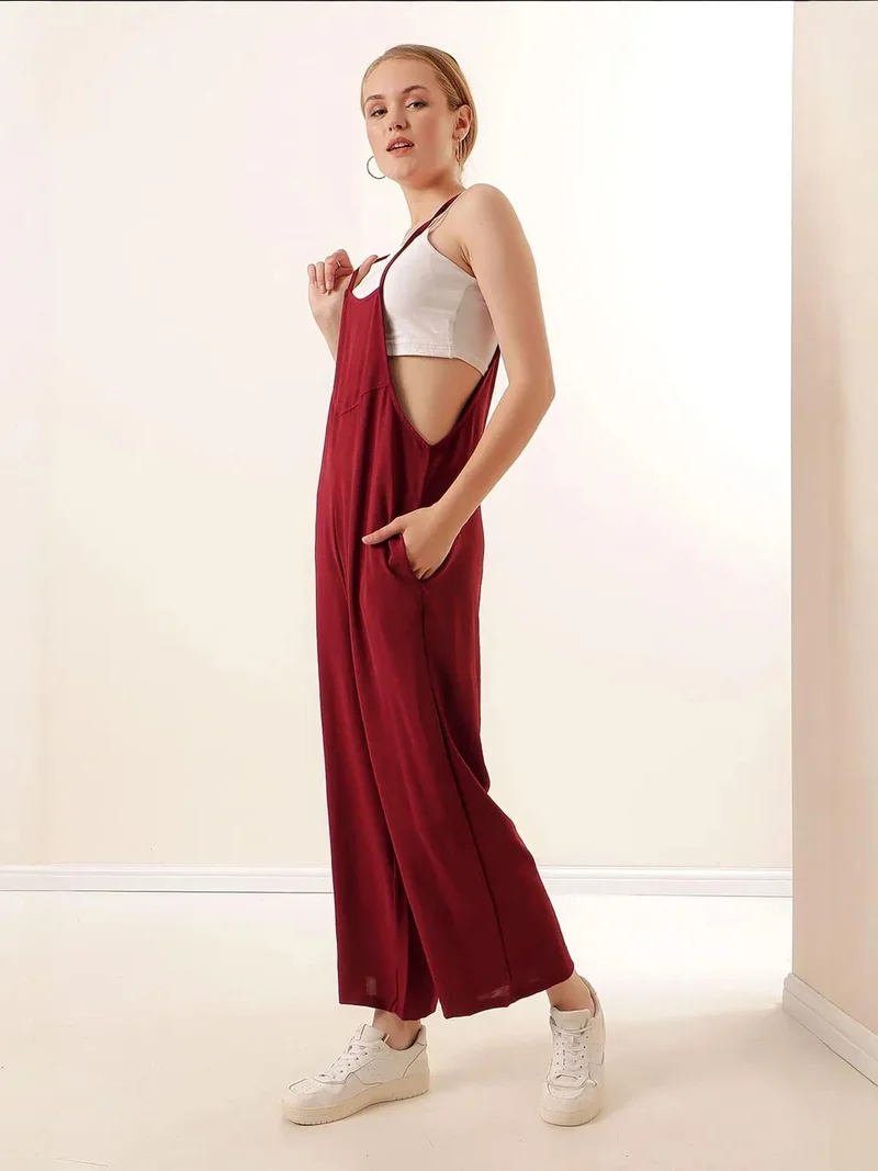 BIG DART Burgundy Red BDART Relaxed Fit Wide Leg Jumpsuit with Square Collar for Women | Best Price UAE