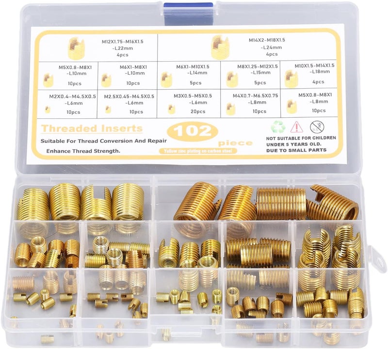 102PCS Self Tapping Thread Inserts Kit, M2-M14 High Carbon Steel Slotted Thread Inserts with Storage Case, Reinforce Repair Tool Assortment Kit - Image 1