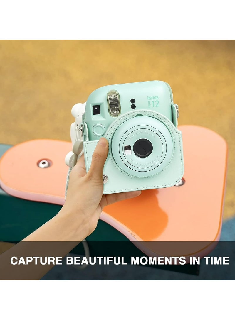 VKL Case for Fujifilm Instax Mini 12 Camera Protective PU Leather Bag Cover with Adjustable Shoulder Strap and Mini Photo Album 64 Pockets (Mint Green) - Image 3