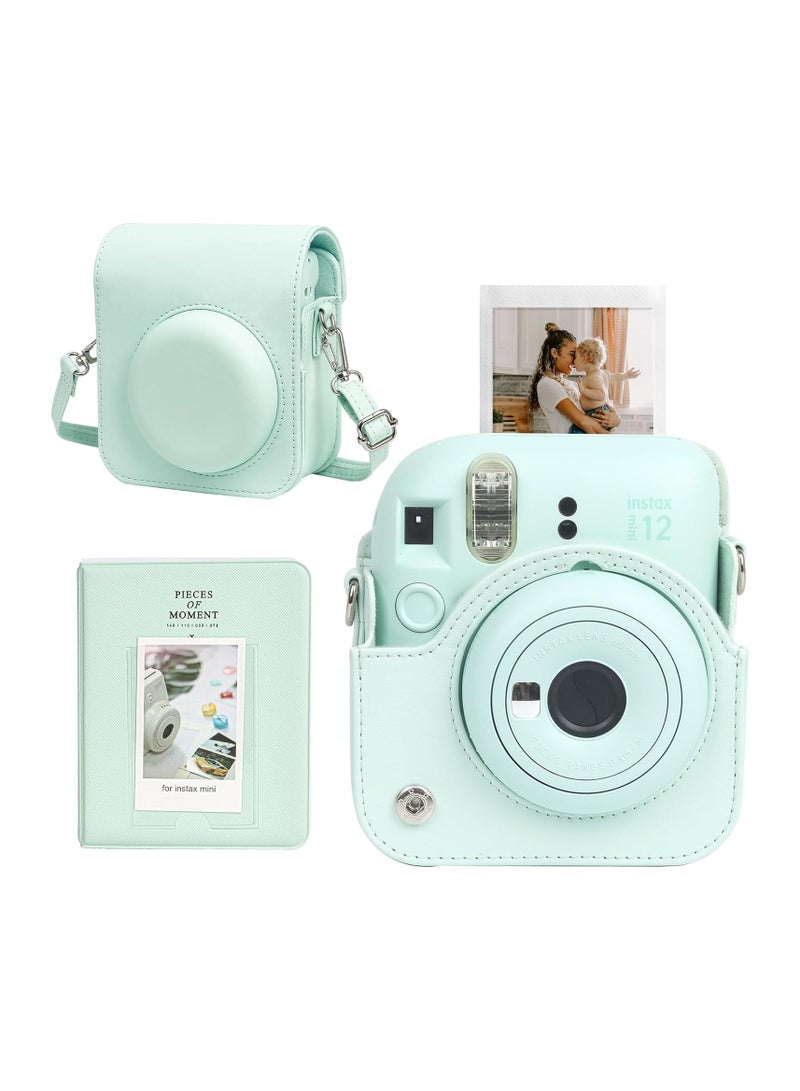 VKL Case for Fujifilm Instax Mini 12 Camera Protective PU Leather Bag Cover with Adjustable Shoulder Strap and Mini Photo Album 64 Pockets (Mint Green) - Image 1