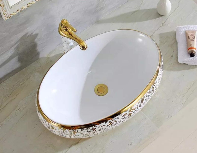 B BACKLINE حوض غسيل مستطيل مصمم من السيراميك B BACKLINE 60 × 40 × 15 سم باللونين الذهبي والأبيض - Image 4