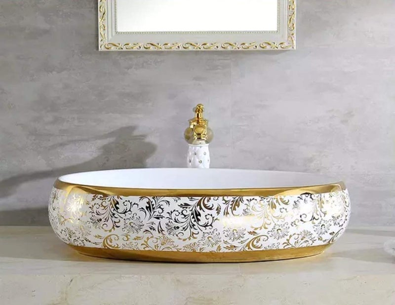 B BACKLINE حوض غسيل مستطيل مصمم من السيراميك B BACKLINE 60 × 40 × 15 سم باللونين الذهبي والأبيض - Image 2