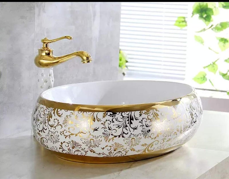 B BACKLINE حوض غسيل مستطيل مصمم من السيراميك B BACKLINE 60 × 40 × 15 سم باللونين الذهبي والأبيض - Image 3