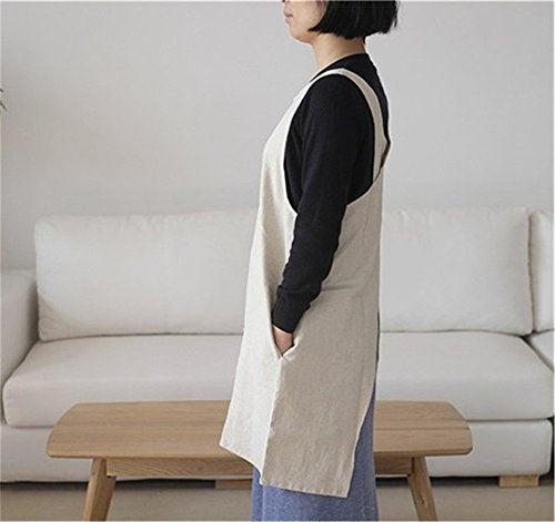 AOBBYBBS Soft Cotton Linen Apron Solid Color Halter Cross Bandage Aprons Japanese Style X Shape Double Pockets Kitchen Cooking Clothes Gift for Women Chef Housewarming -Beige - Image 4