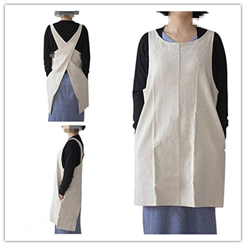 AOBBYBBS Soft Cotton Linen Apron Solid Color Halter Cross Bandage Aprons Japanese Style X Shape Double Pockets Kitchen Cooking Clothes Gift for Women Chef Housewarming -Beige - Image 2